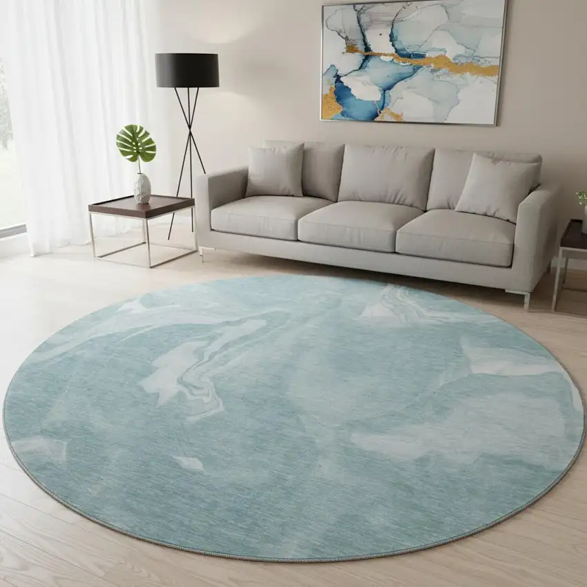 8' Teal And Ivory Abstract Washable Round Rug With UV Protection Photo 2