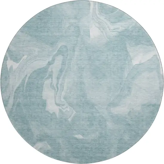 8' Teal And Ivory Abstract Washable Round Rug With UV Protection Photo 1