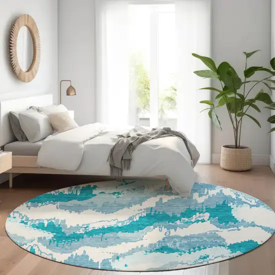 8' Teal And Ivory Abstract Washable Round Rug With UV Protection Photo 5