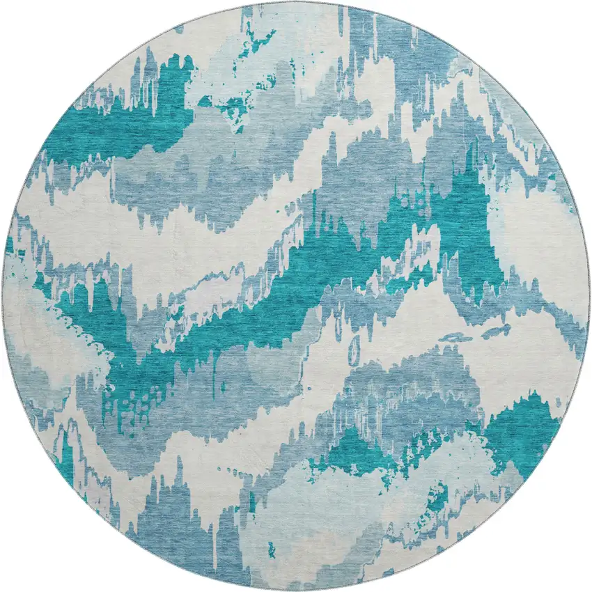 8' Teal And Ivory Abstract Washable Round Rug With UV Protection Photo 2