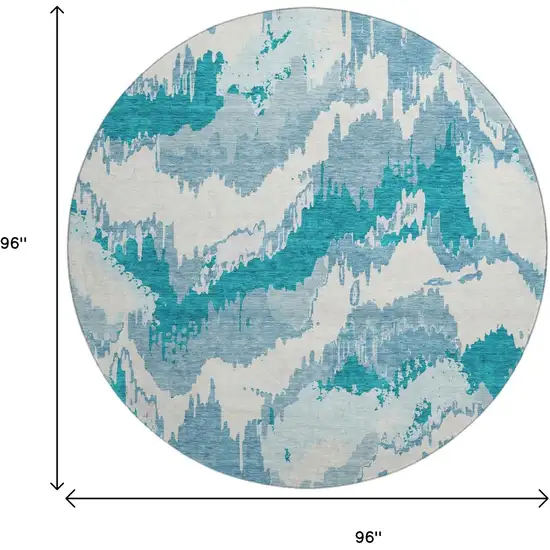 8' Teal And Ivory Abstract Washable Round Rug With UV Protection Photo 3