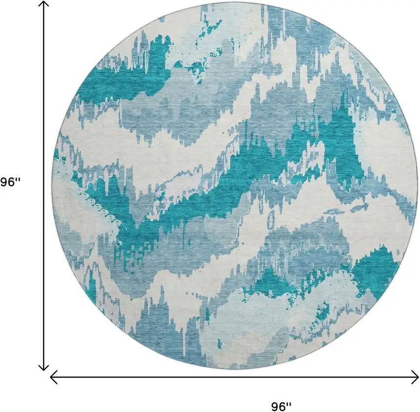 8' Teal And Ivory Abstract Washable Round Rug With UV Protection Photo 3