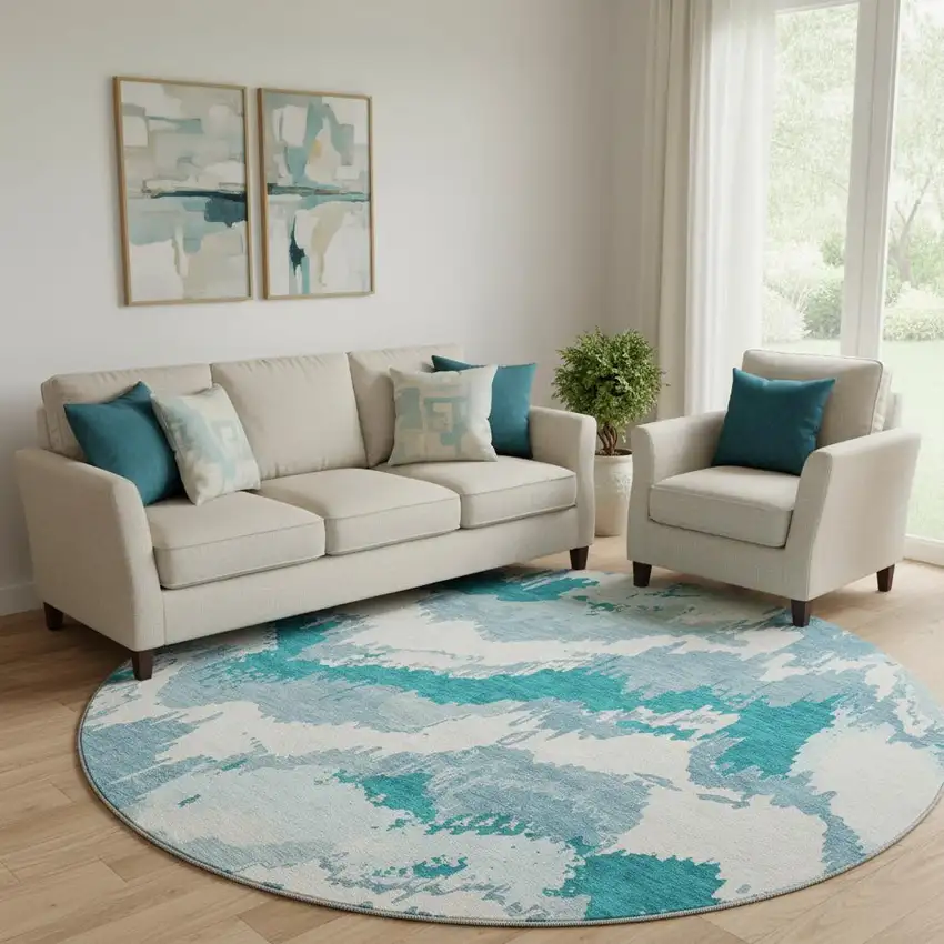 8' Teal And Ivory Abstract Washable Round Rug With UV Protection Photo 1