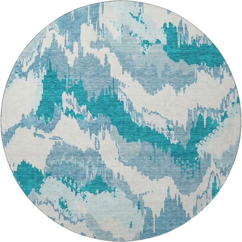 8' Teal And Ivory Abstract Washable Round Rug With UV Protection Photo 4