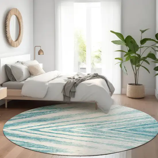 8' Teal And Ivory Abstract Washable Round Rug With UV Protection Photo 5
