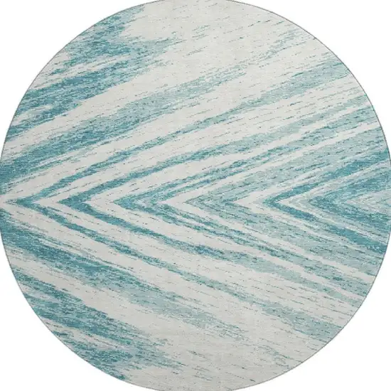 8' Teal And Ivory Abstract Washable Round Rug With UV Protection Photo 4
