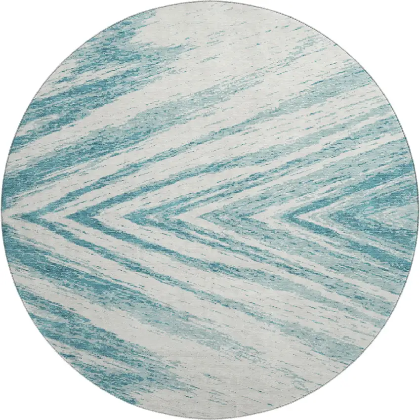 8' Teal And Ivory Abstract Washable Round Rug With UV Protection Photo 1