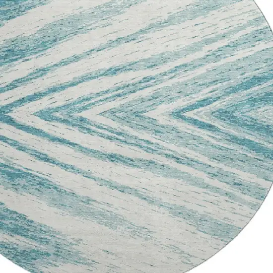 8' Teal And Ivory Abstract Washable Round Rug With UV Protection Photo 3
