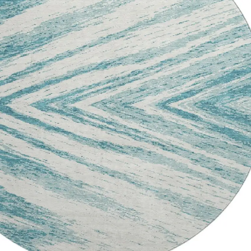 8' Teal And Ivory Abstract Washable Round Rug With UV Protection Photo 3