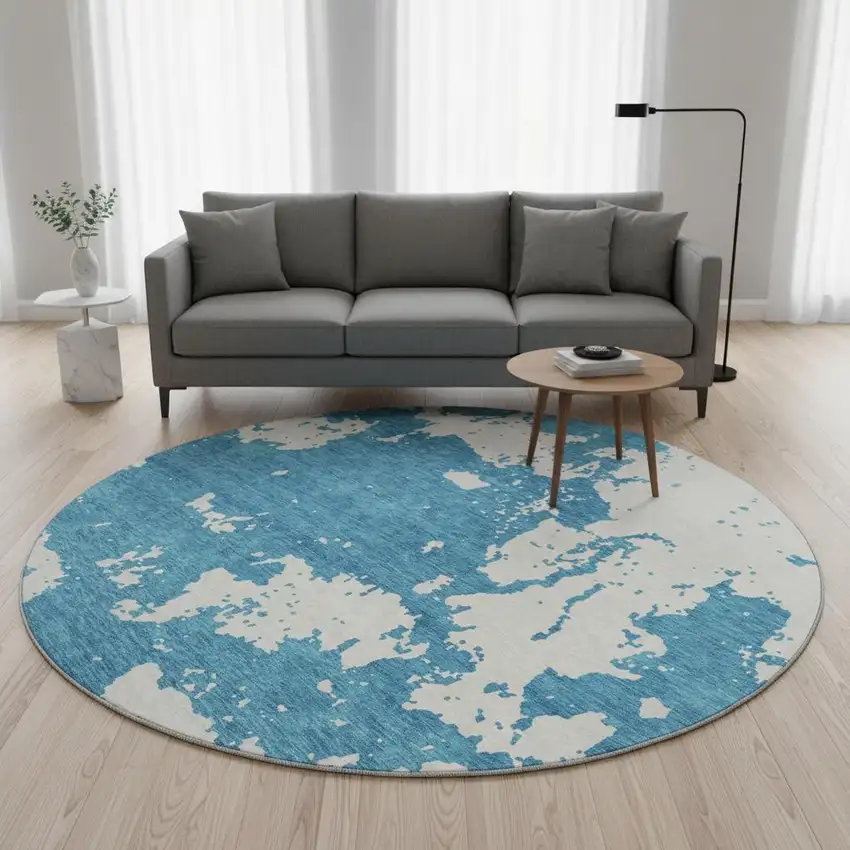 8' Teal And Ivory Abstract Washable Round Rug With UV Protection Photo 2