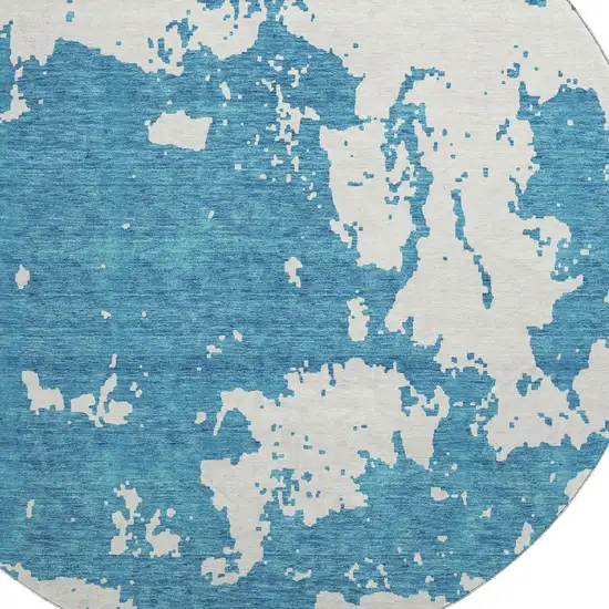 8' Teal And Ivory Abstract Washable Round Rug With UV Protection Photo 3