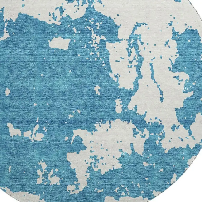 8' Teal And Ivory Abstract Washable Round Rug With UV Protection Photo 3