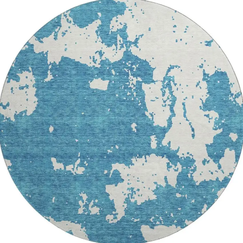 8' Teal And Ivory Abstract Washable Round Rug With UV Protection Photo 4
