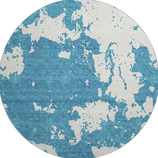 8' Teal And Ivory Abstract Washable Round Rug With UV Protection Photo 4