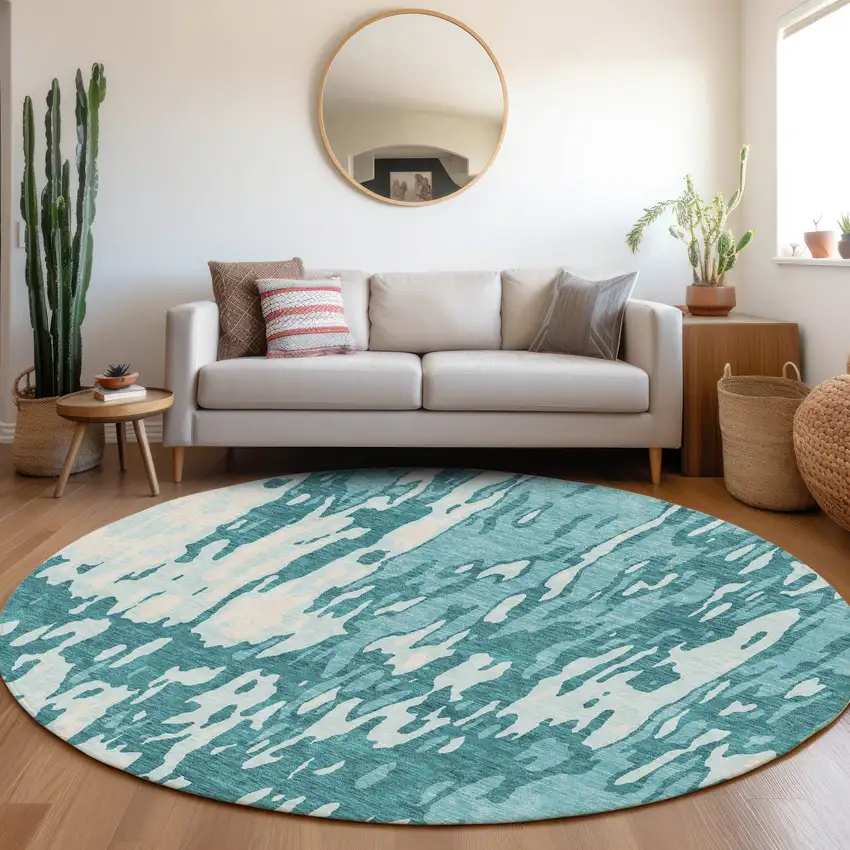 8' Teal And Ivory Abstract Washable Round Rug With UV Protection Photo 4