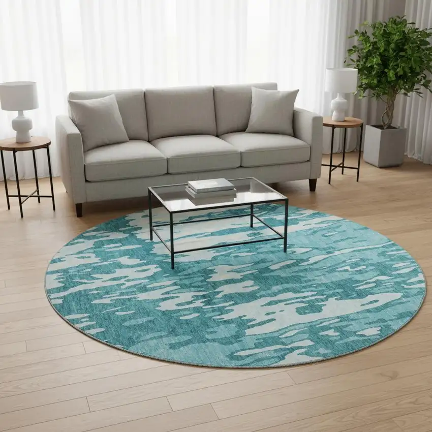 8' Teal And Ivory Abstract Washable Round Rug With UV Protection Photo 2