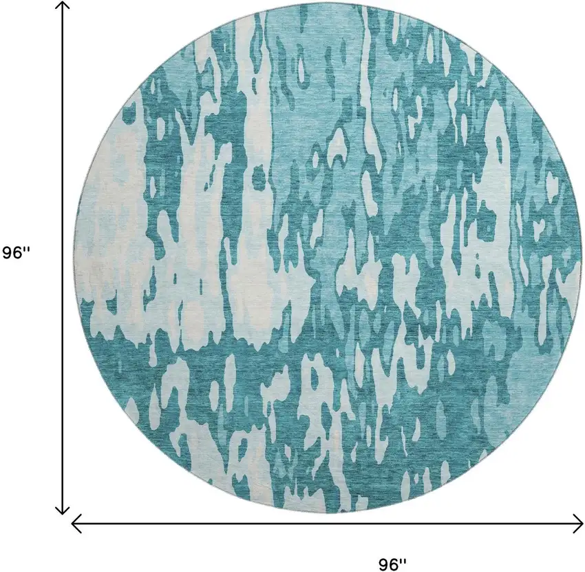 8' Teal And Ivory Abstract Washable Round Rug With UV Protection Photo 9