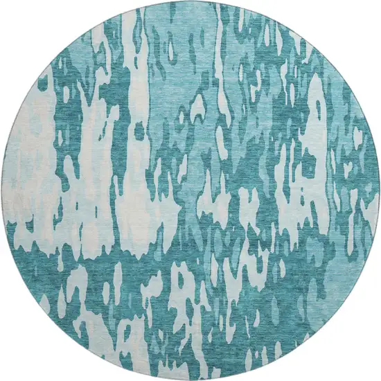 8' Teal And Ivory Abstract Washable Round Rug With UV Protection Photo 1