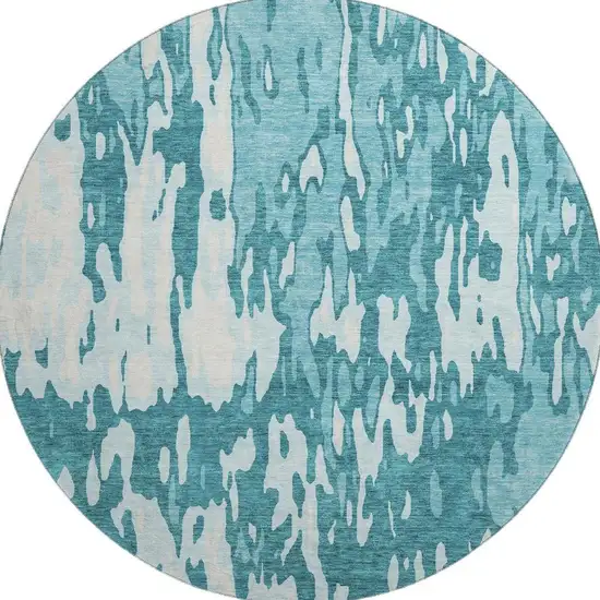 8' Teal And Ivory Abstract Washable Round Rug With UV Protection Photo 3
