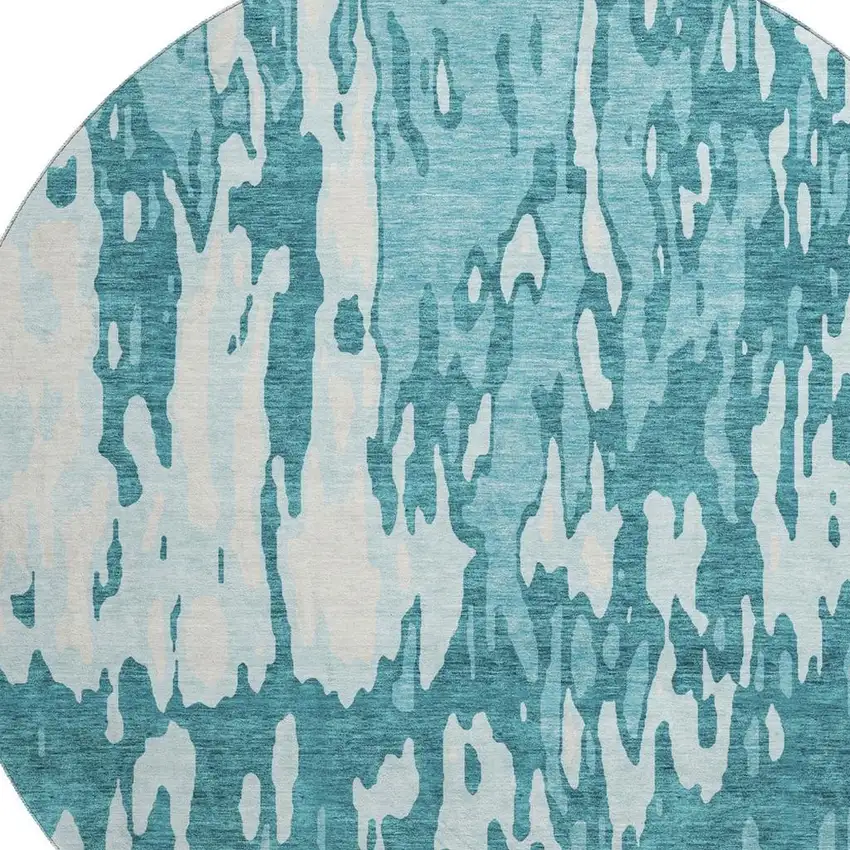 8' Teal And Ivory Abstract Washable Round Rug With UV Protection Photo 2