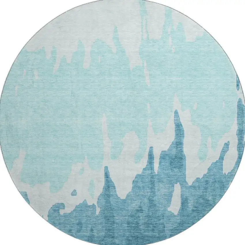 8' Teal And Ivory Abstract Washable Round Rug With UV Protection Photo 3