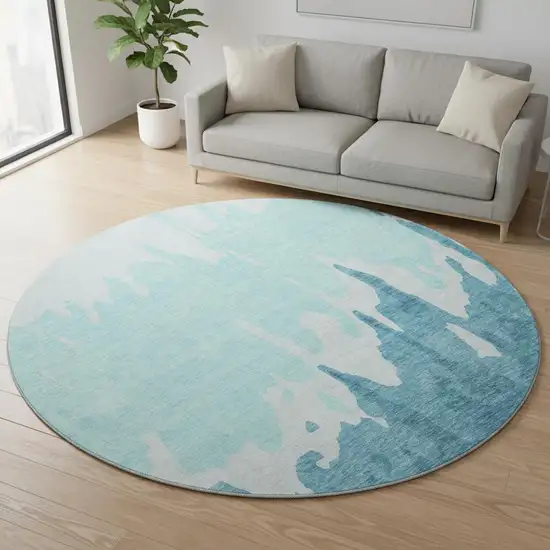 8' Teal And Ivory Abstract Washable Round Rug With UV Protection Photo 2