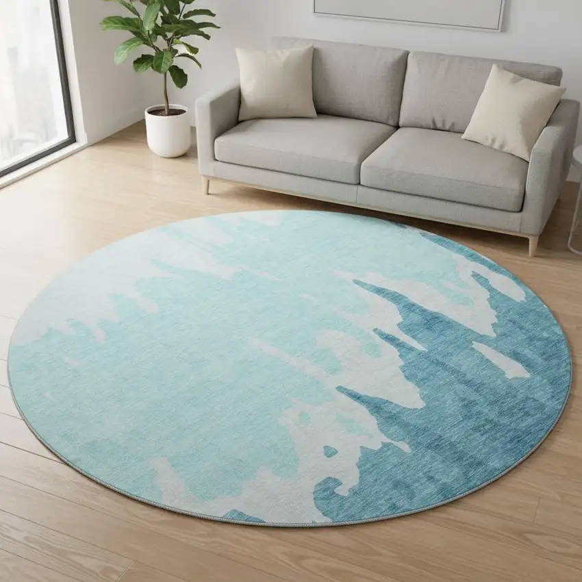 8' Teal And Ivory Abstract Washable Round Rug With UV Protection Photo 2