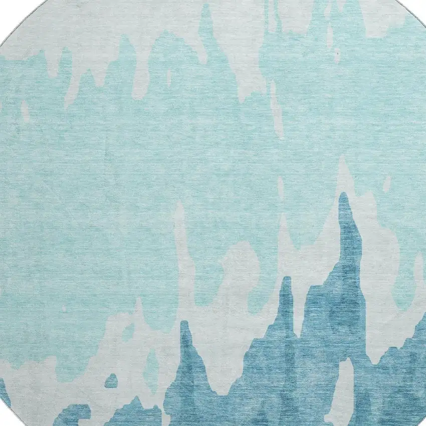 8' Teal And Ivory Abstract Washable Round Rug With UV Protection Photo 2