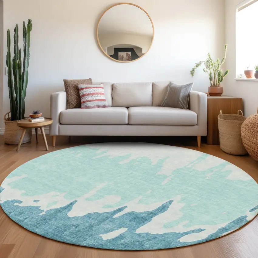 8' Teal And Ivory Abstract Washable Round Rug With UV Protection Photo 4