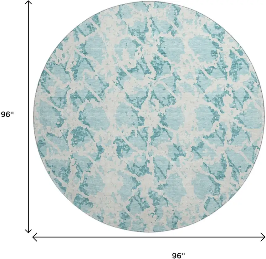 8' Teal And Ivory Abstract Washable Round Rug With UV Protection Photo 9