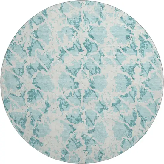 8' Teal And Ivory Abstract Washable Round Rug With UV Protection Photo 1