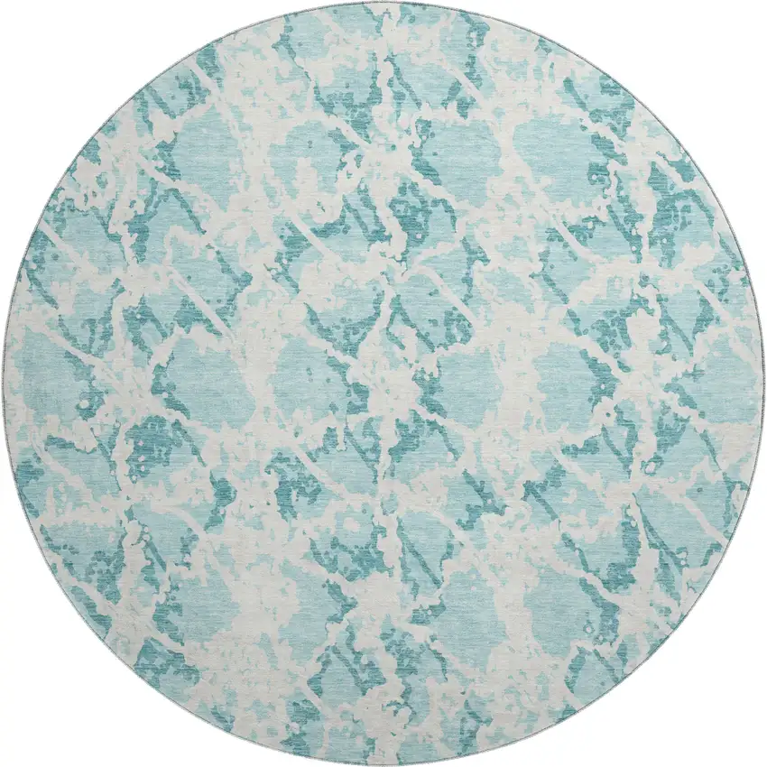 8' Teal And Ivory Abstract Washable Round Rug With UV Protection Photo 1