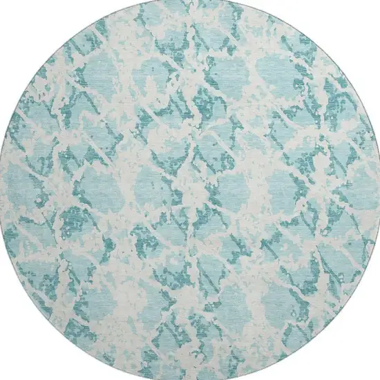 8' Teal And Ivory Abstract Washable Round Rug With UV Protection Photo 3
