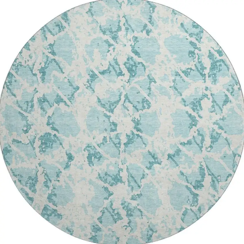 8' Teal And Ivory Abstract Washable Round Rug With UV Protection Photo 3