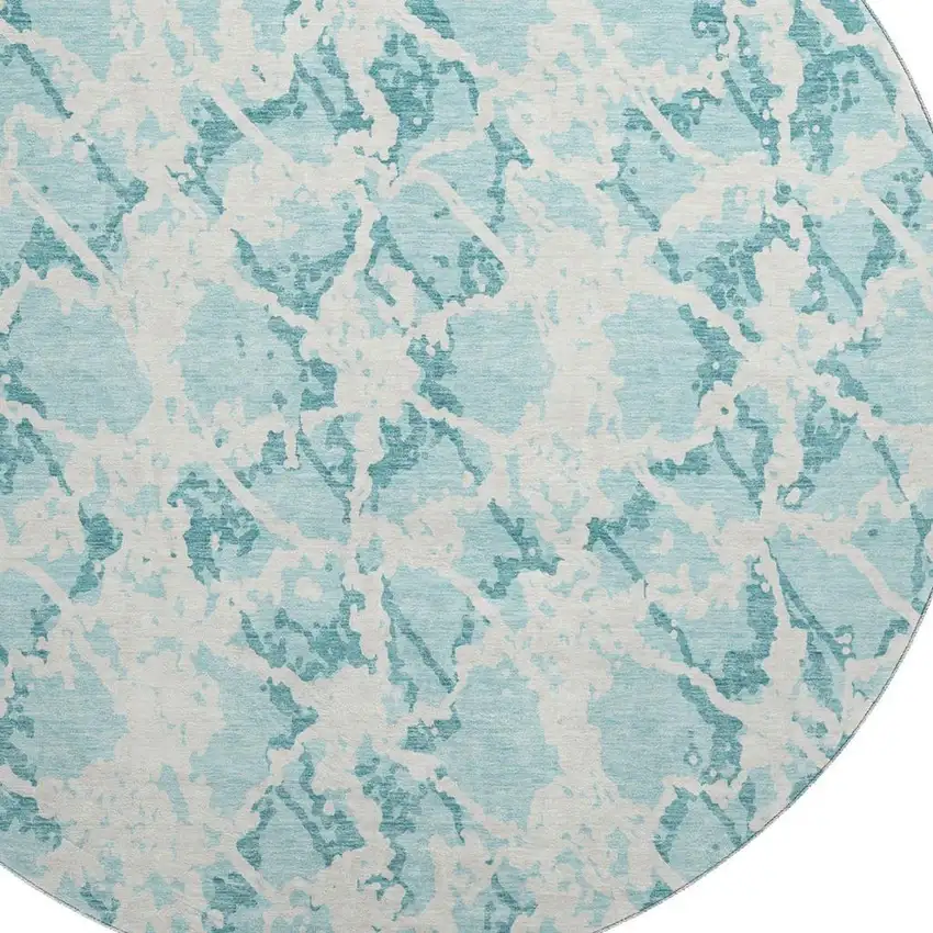 8' Teal And Ivory Abstract Washable Round Rug With UV Protection Photo 2