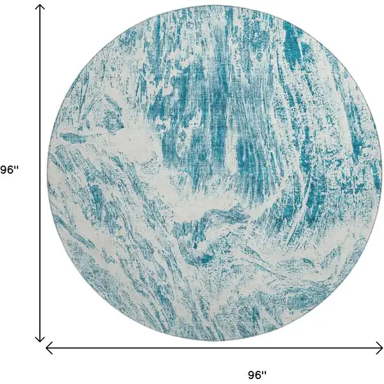 8' Teal And Ivory Abstract Washable Round Rug With UV Protection Photo 8