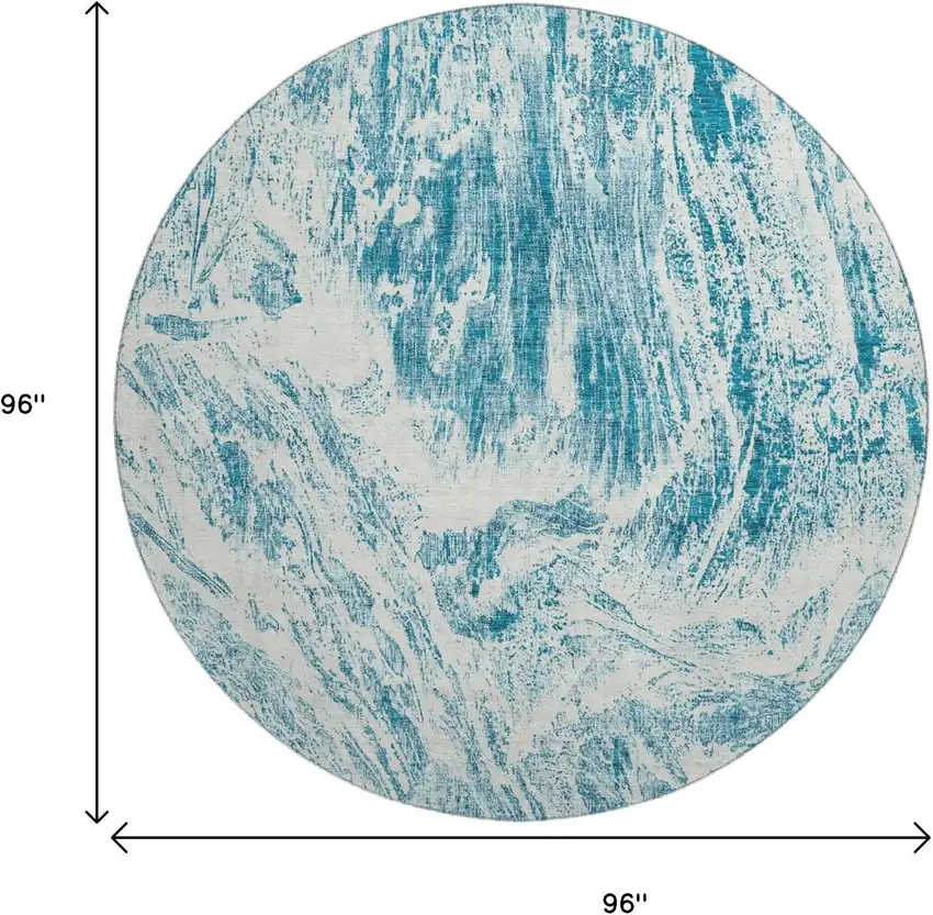 8' Teal And Ivory Abstract Washable Round Rug With UV Protection Photo 8