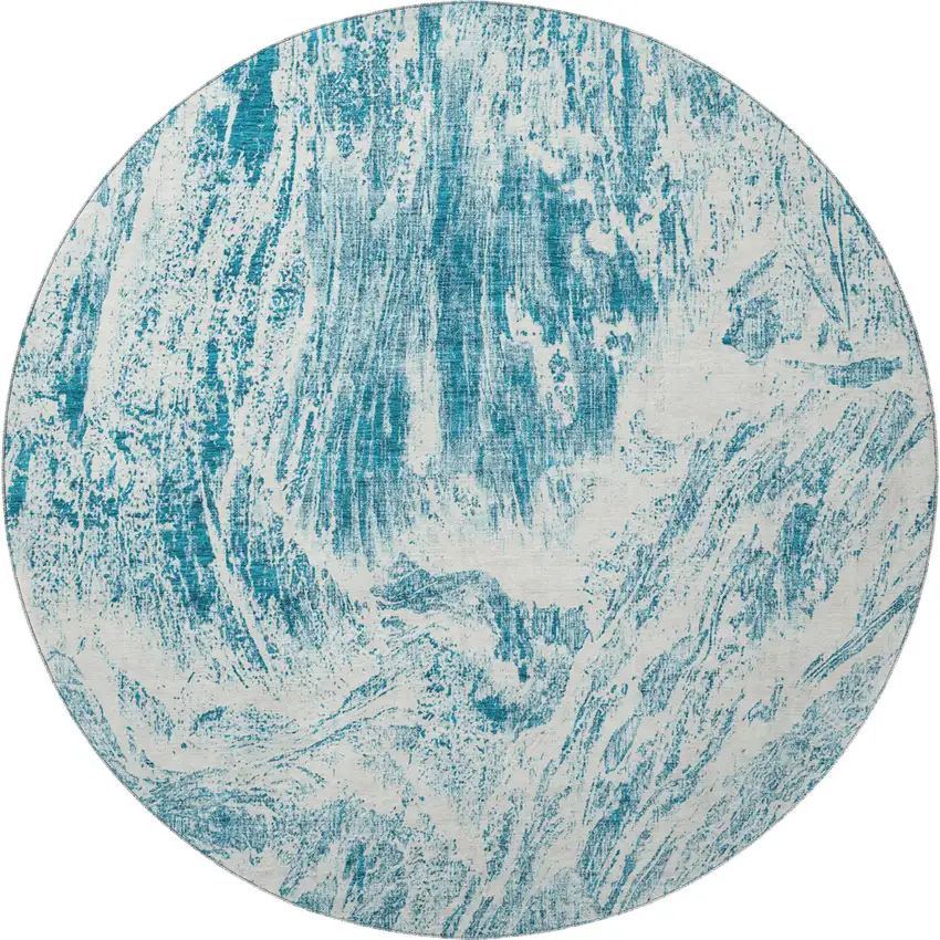 8' Teal And Ivory Abstract Washable Round Rug With UV Protection Photo 2