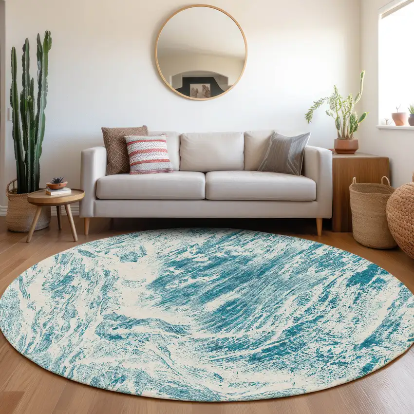 8' Teal And Ivory Abstract Washable Round Rug With UV Protection Photo 3