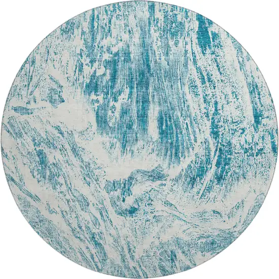 8' Teal And Ivory Abstract Washable Round Rug With UV Protection Photo 1