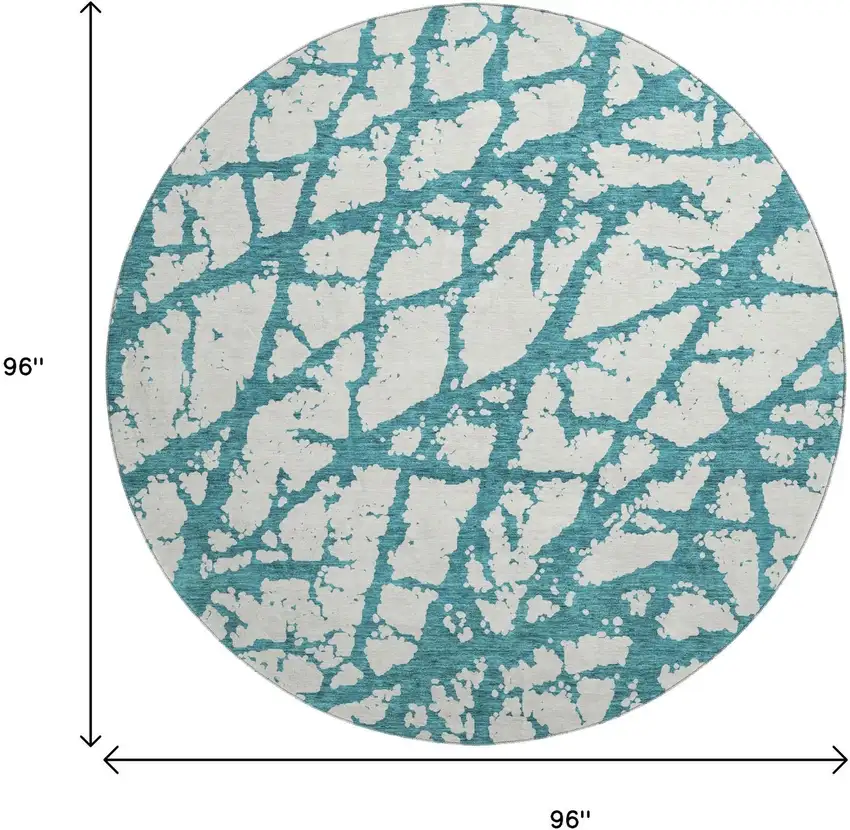 8' Teal And Ivory Abstract Washable Round Rug With UV Protection Photo 9