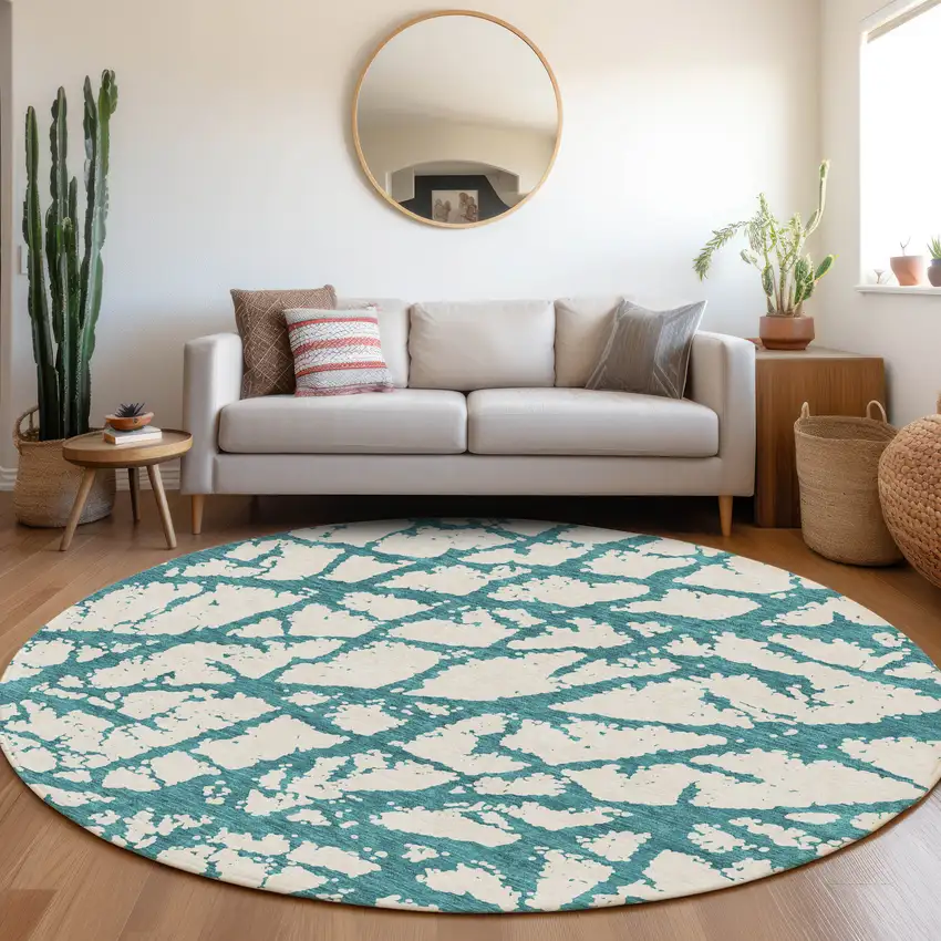 8' Teal And Ivory Abstract Washable Round Rug With UV Protection Photo 4