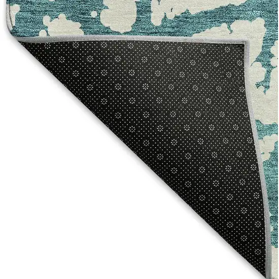 8' Teal And Ivory Abstract Washable Round Rug With UV Protection Photo 5