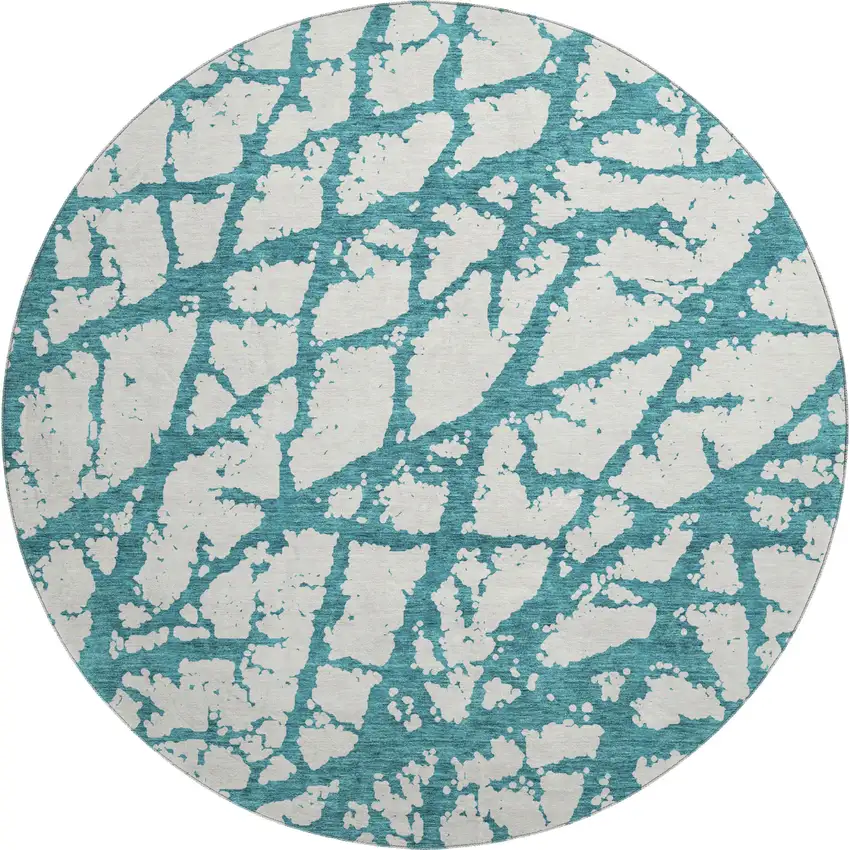 8' Teal And Ivory Abstract Washable Round Rug With UV Protection Photo 1