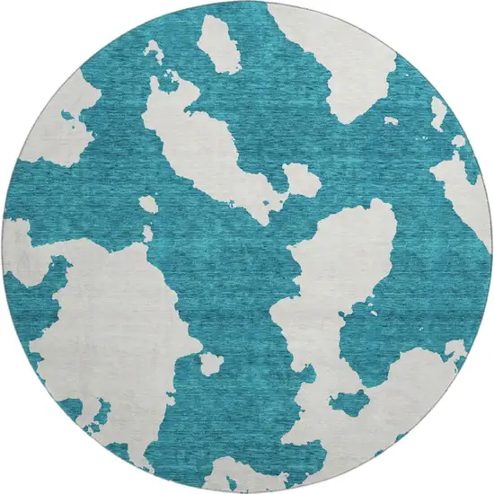 8' Teal And Ivory Abstract Washable Round Rug With UV Protection Photo 1