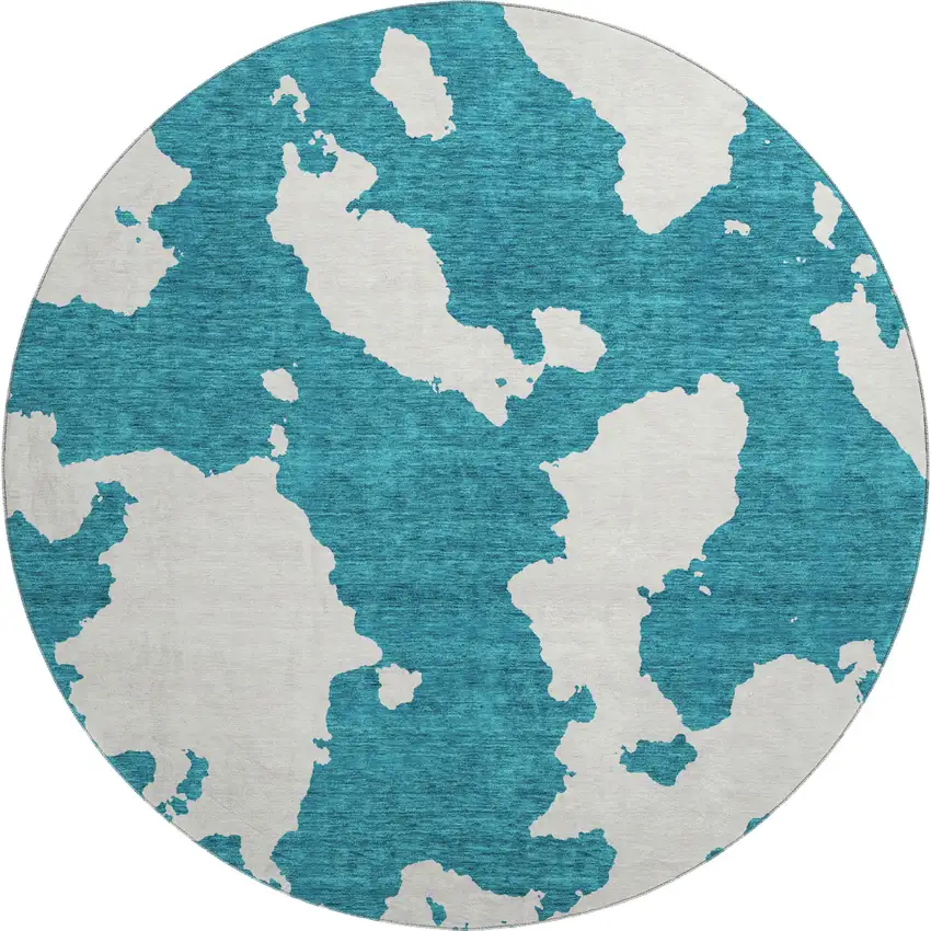 8' Teal And Ivory Abstract Washable Round Rug With UV Protection Photo 1