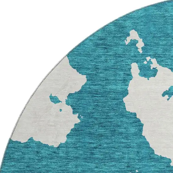 8' Teal And Ivory Abstract Washable Round Rug With UV Protection Photo 2