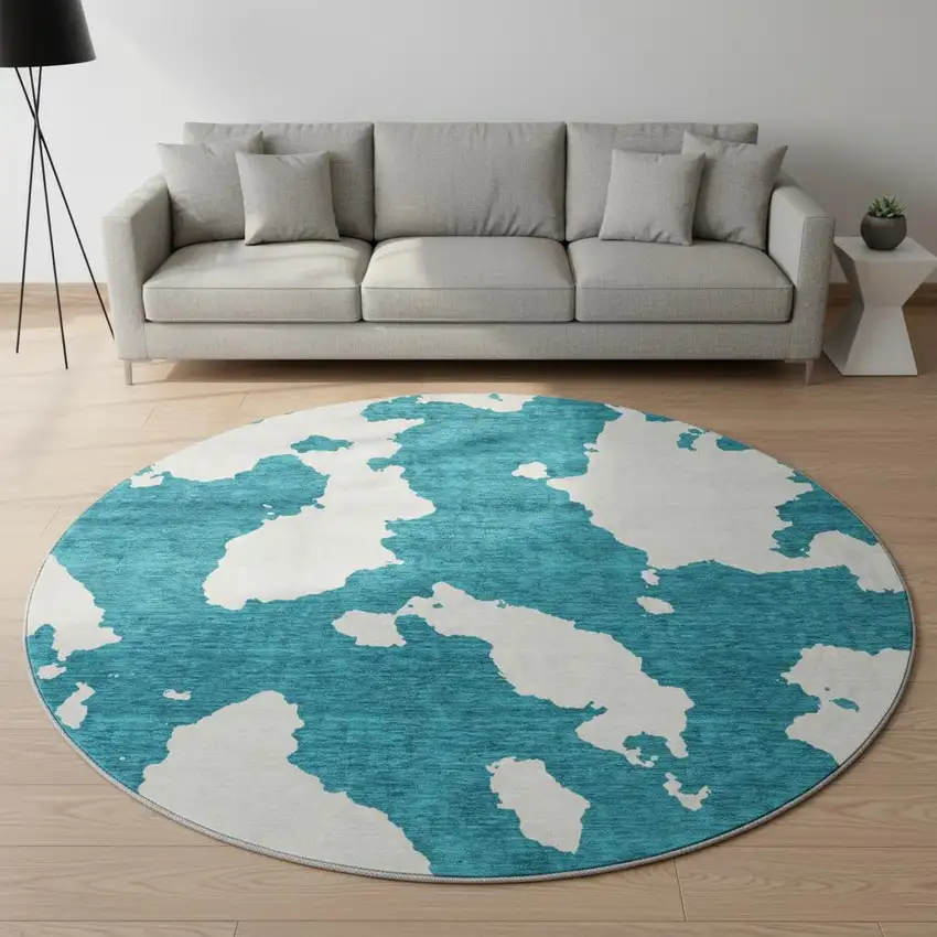 8' Teal And Ivory Abstract Washable Round Rug With UV Protection Photo 2