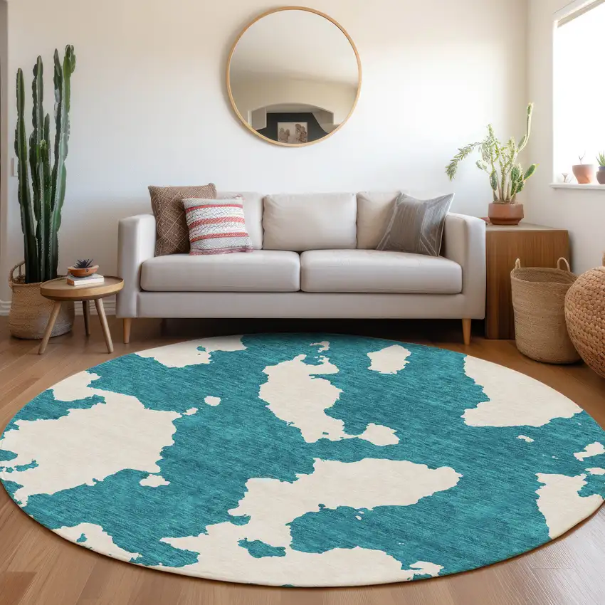 8' Teal And Ivory Abstract Washable Round Rug With UV Protection Photo 4