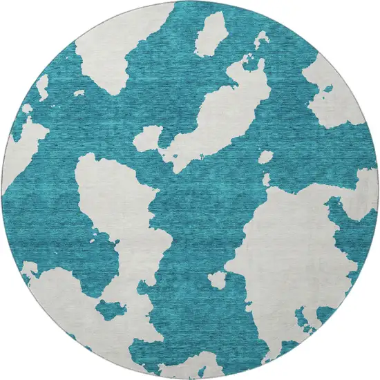 8' Teal And Ivory Abstract Washable Round Rug With UV Protection Photo 3
